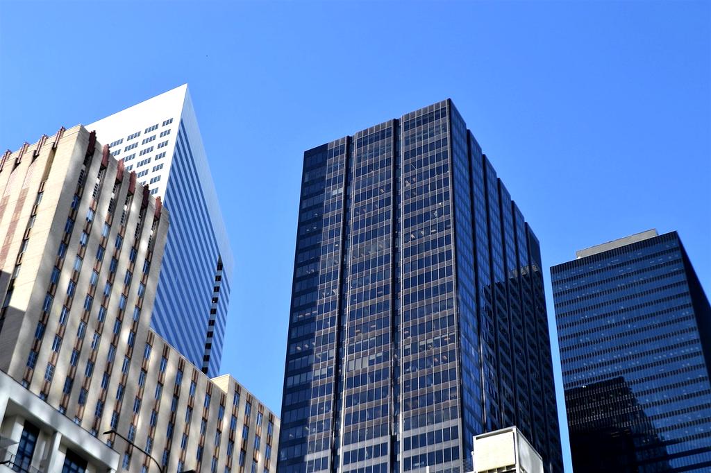 Financial district skyline at dusk
